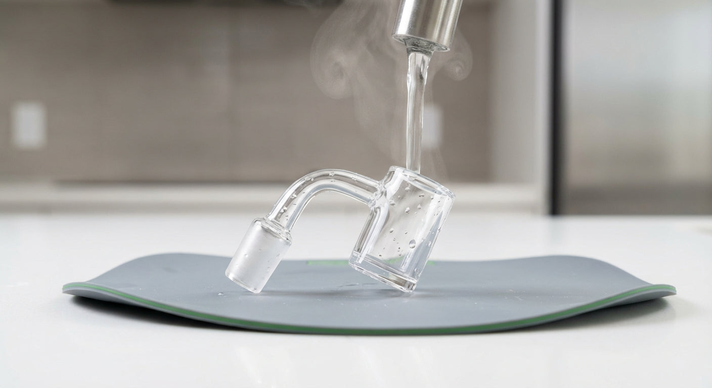 Close-up of a new quartz banger and glass joint being rinsed with hot water