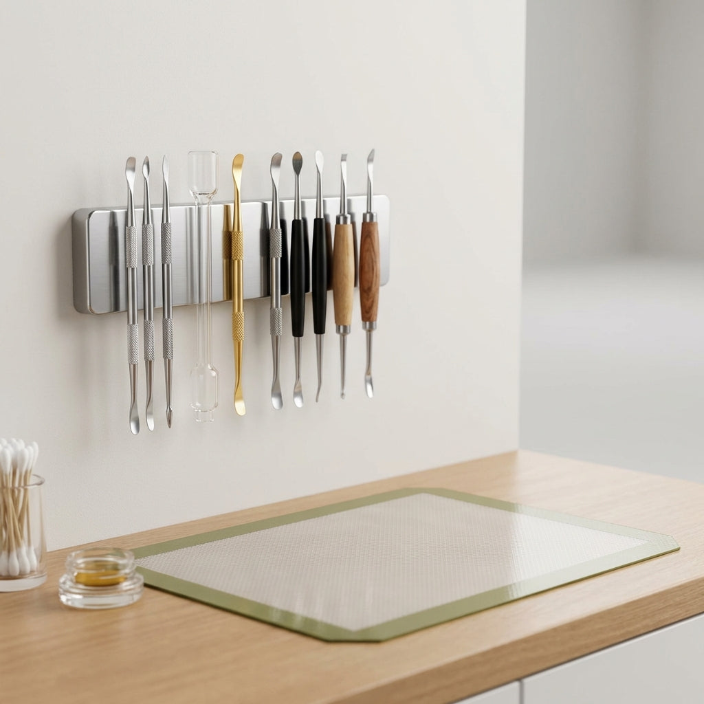 Close-up of a magnetic dab tool rack mounted near a dab station with tools neatly attached