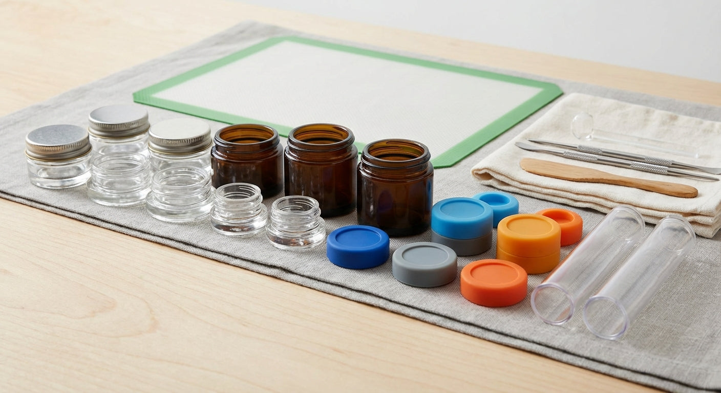 A lineup of small glass concentrate jars, UV jars, silicone pucks, and shatter tubes on a clean surface