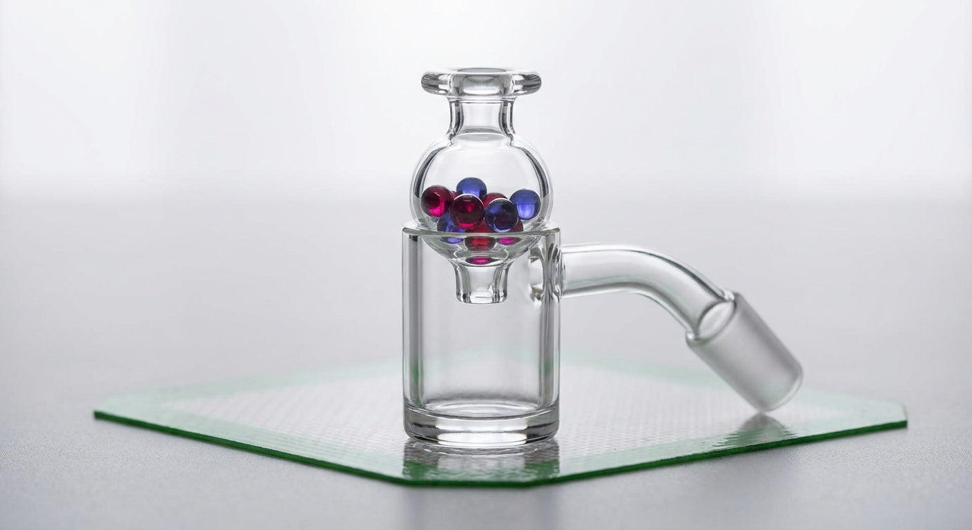 Close-up photo of terp pearls inside a quartz banger with a spinner cap