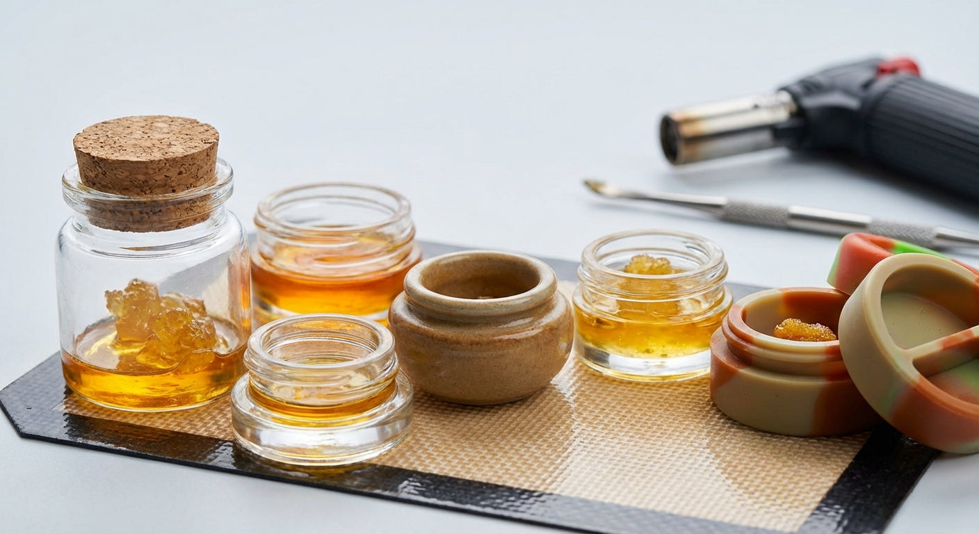Close-up of assorted concentrates in proper containers on a silicone dab mat