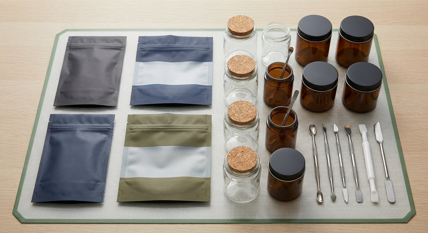 Flat lay of smell-proof bags, glass jars, and dab tools arranged neatly on a silicone dab mat