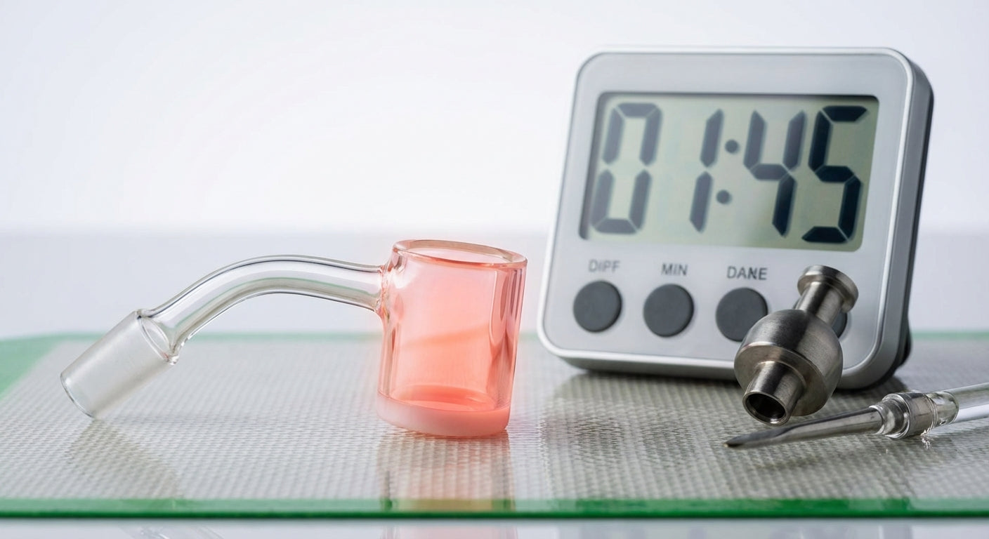 Close-up of a glowing quartz banger cooling with a timer next to it