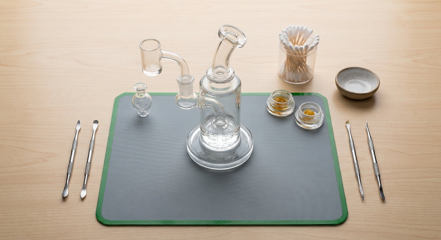 Top-down shot of a dab station with a rig on a silicone dab mat, tools and jars neatly arranged