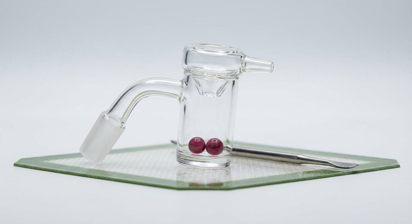 Close-up photo of a quartz banger with two ruby terp pearls and a spinner cap in place