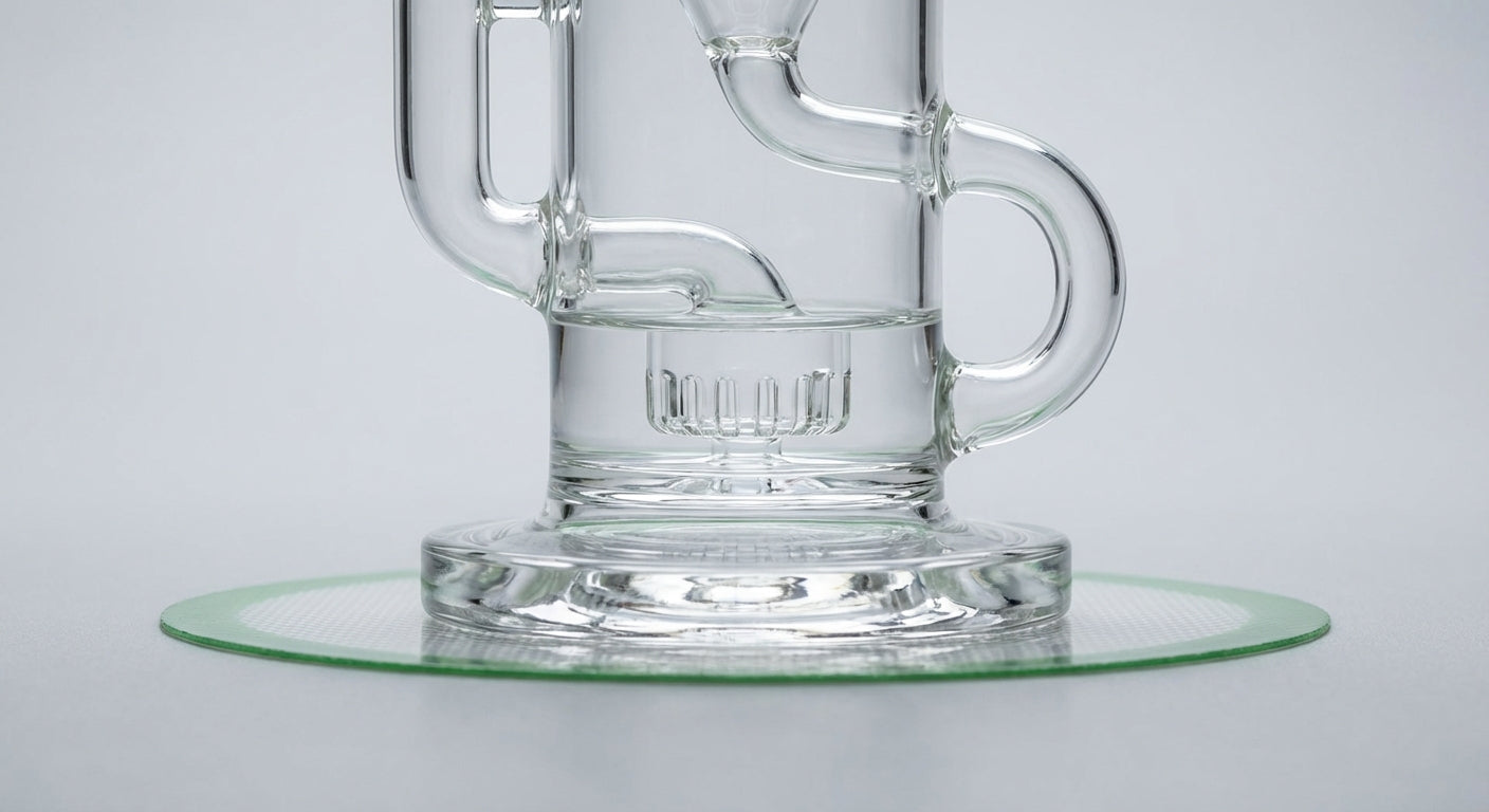 Close-up of a small recycler dab rig  ideal waterline just above the perc slits