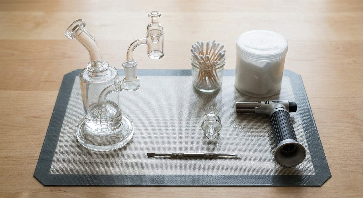 Overhead shot of a clean, organized dab rig station on a silicone mat with tools laid out