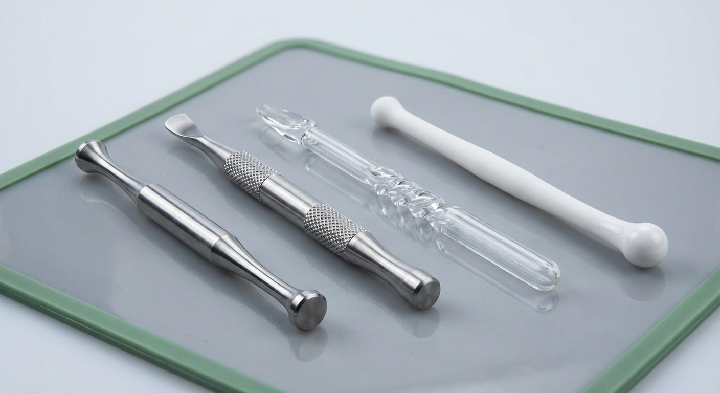 Close-up lineup of titanium, stainless, glass, and ceramic dab tools on a silicone mat