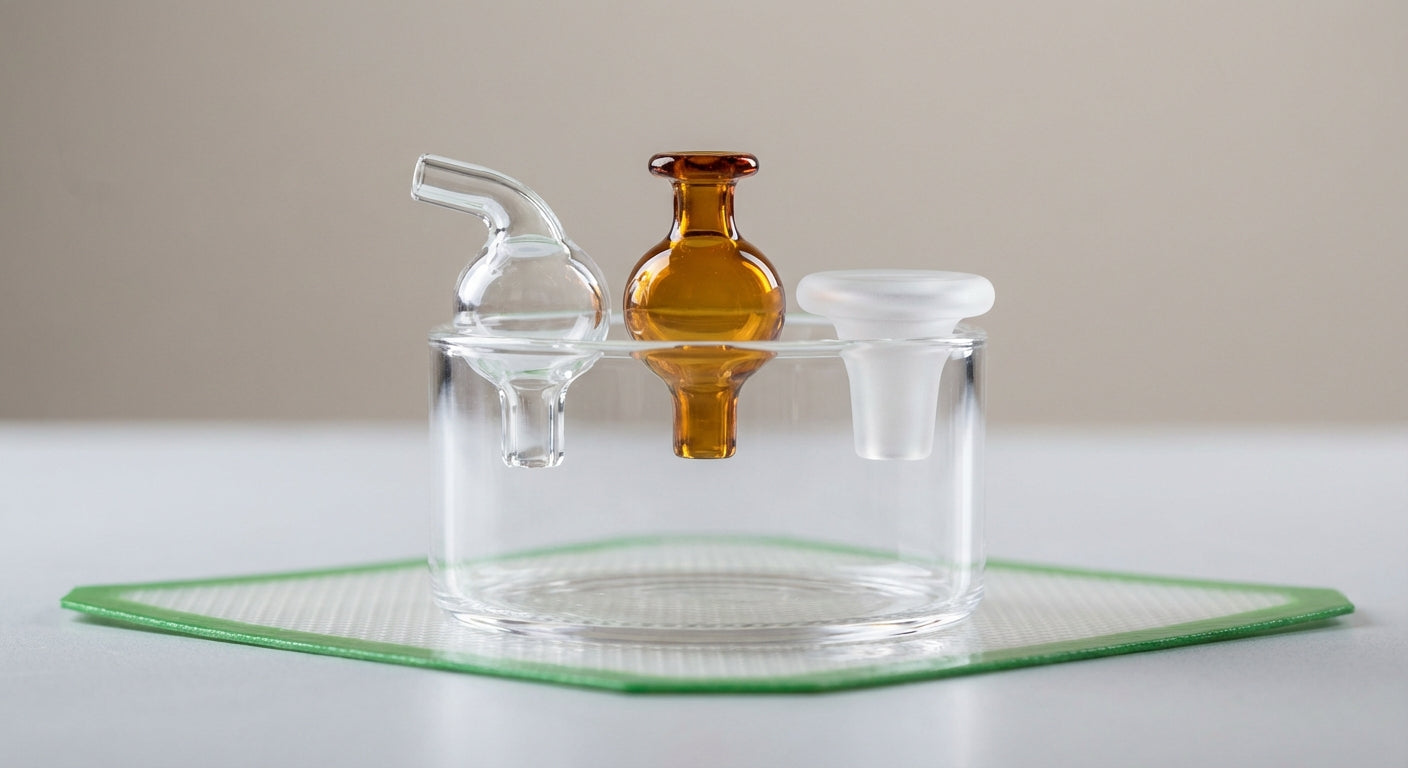 Close-up of three carb caps side-by-side on a quartz banger