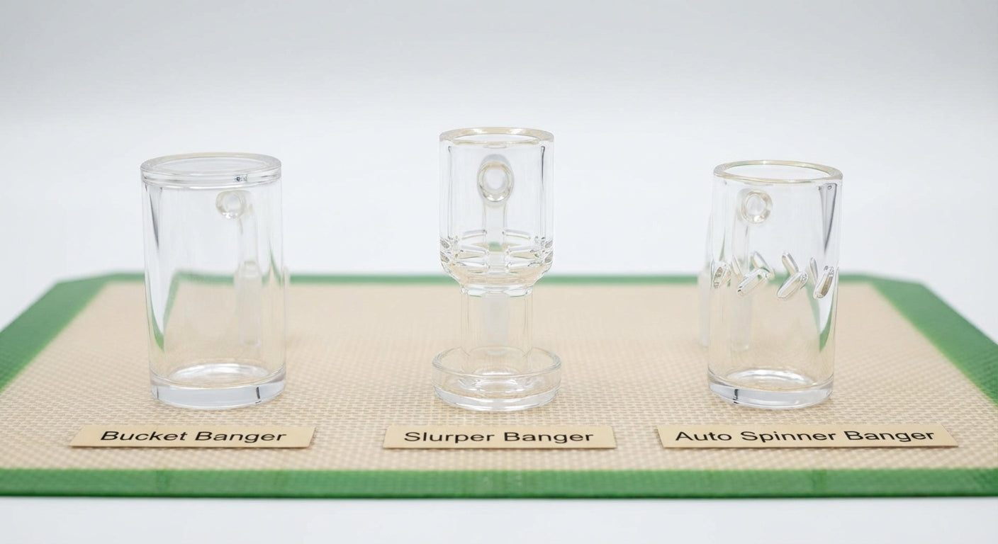 Close-up photo of different quartz banger styles, bucket, slurper, auto spinner, with labels