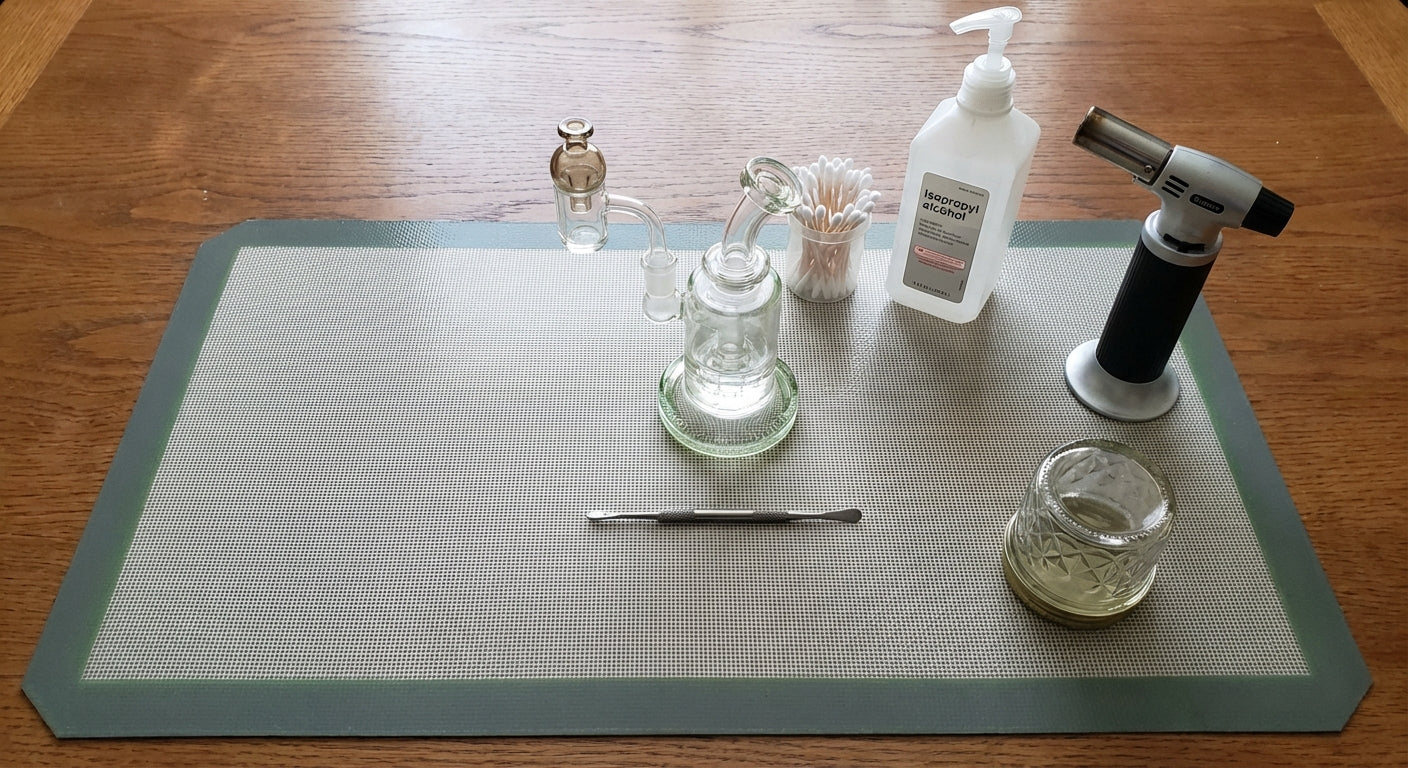 Overhead shot of a tidy dab station on a silicone dab mat