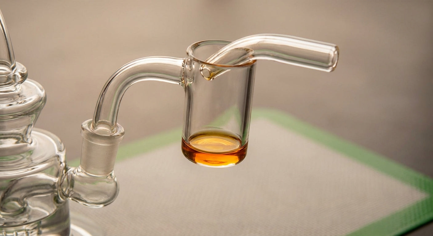 Close-up of a quartz banger with a perfectly melted concentrate puddle, warm amber tones, dab rig in background