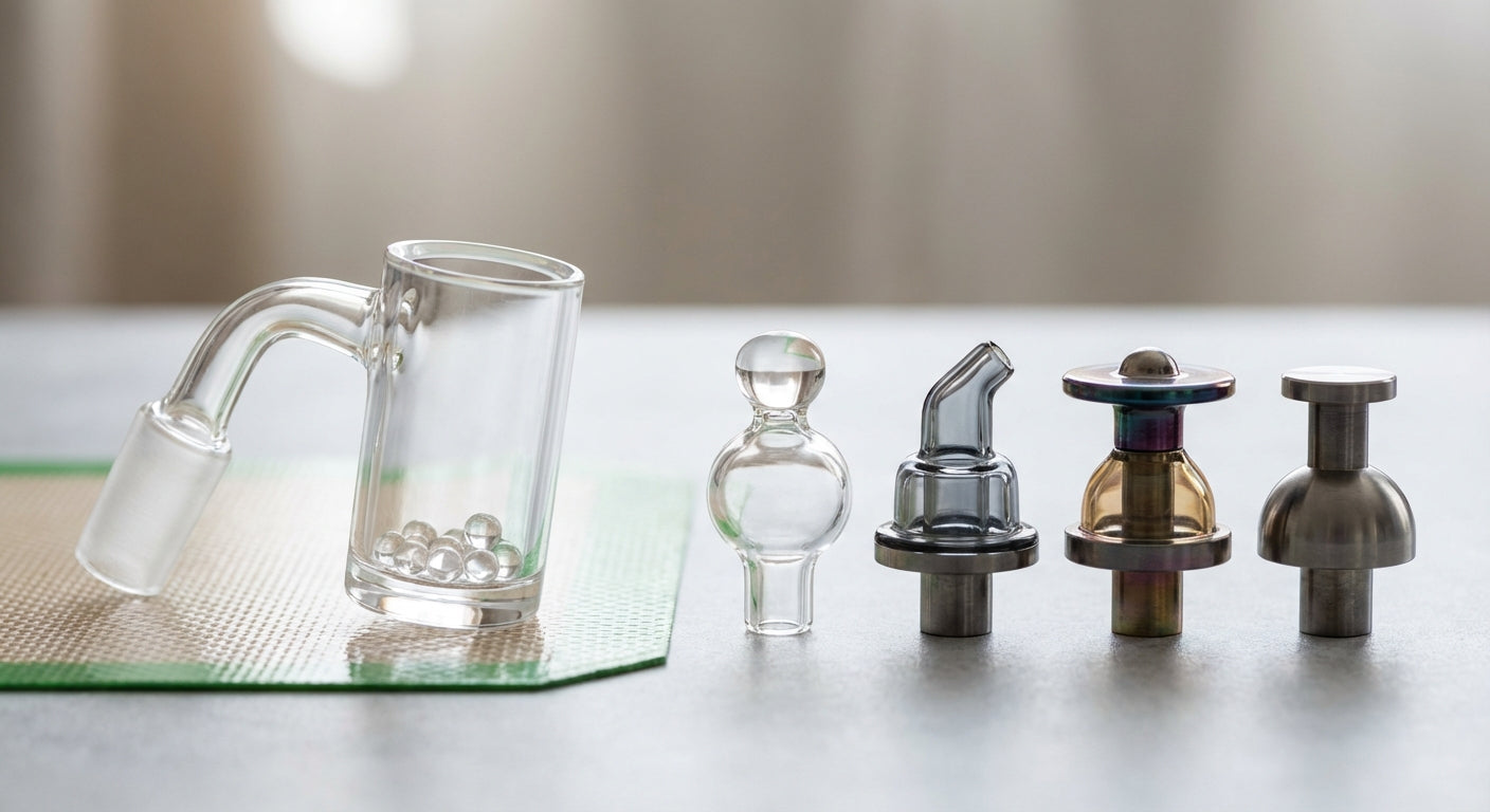 Close-up of quartz banger with terp pearls and four carb cap styles lined up