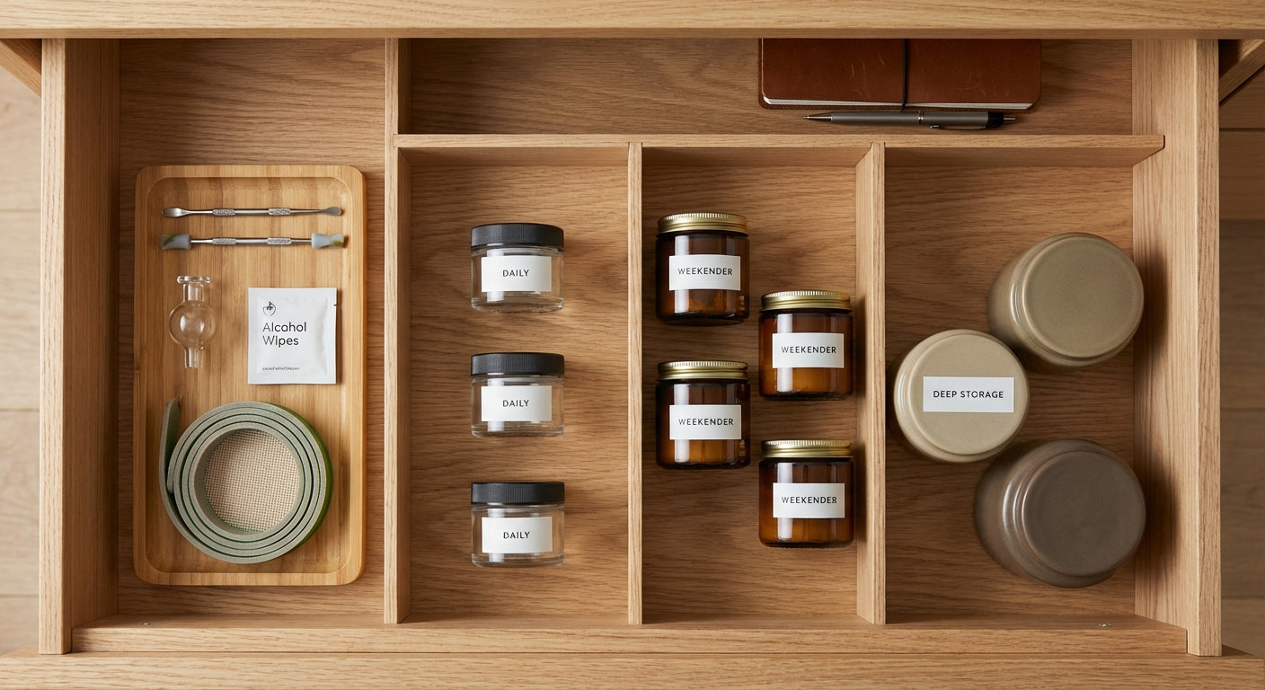 A neatly organized concentrate drawer with labeled jars in three sections: Daily, Weekender, Deep Storage, plus tools...