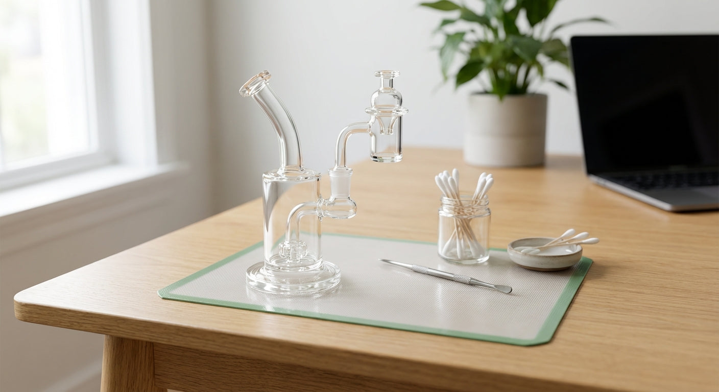 A clean dab station on a desk with a rig, quartz banger, carb cap, dab tool, q-tips, and a silicone dab mat