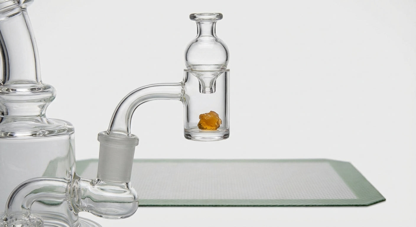 Close-up of a quartz banger with a small dab and carb cap, unheated, on a rig
