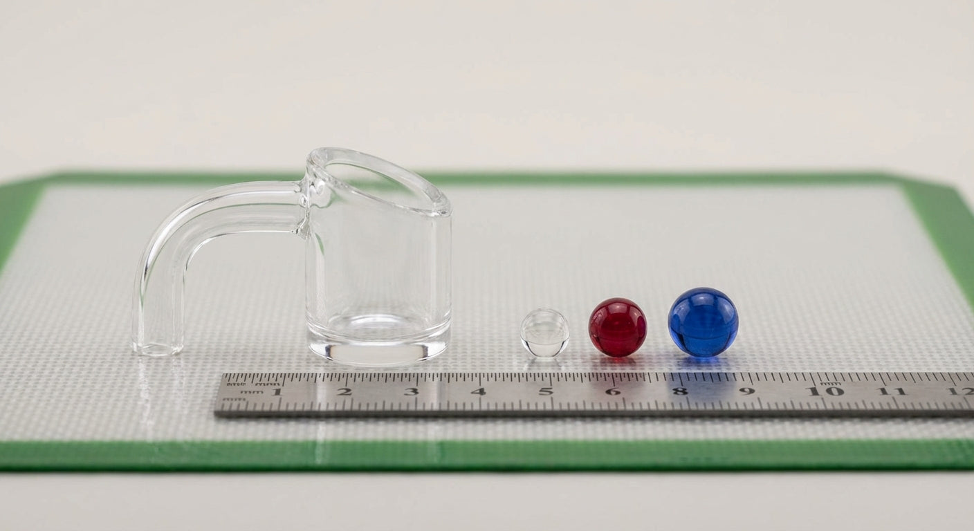 Close-up of terp pearls in 3mm, 4mm, and 6mm next to a ruler and a quartz banger