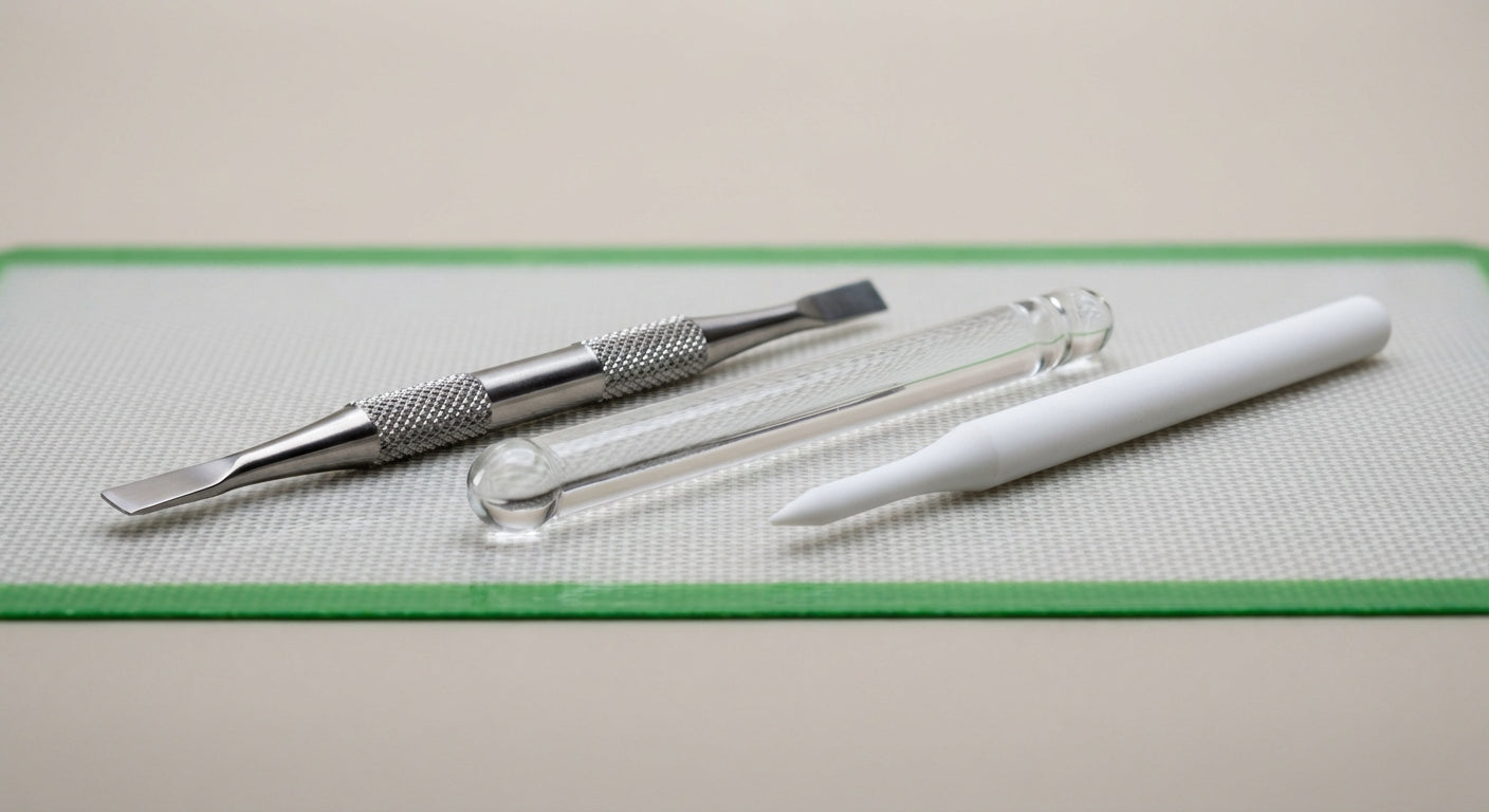 Close-up shot of titanium, quartz, and ceramic dab tools side by side on a silicone dab mat