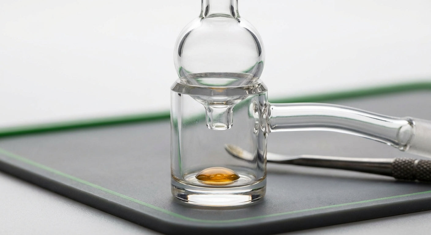 Close-up of a bubble carb cap sealing on a quartz banger with a small rosin puddle