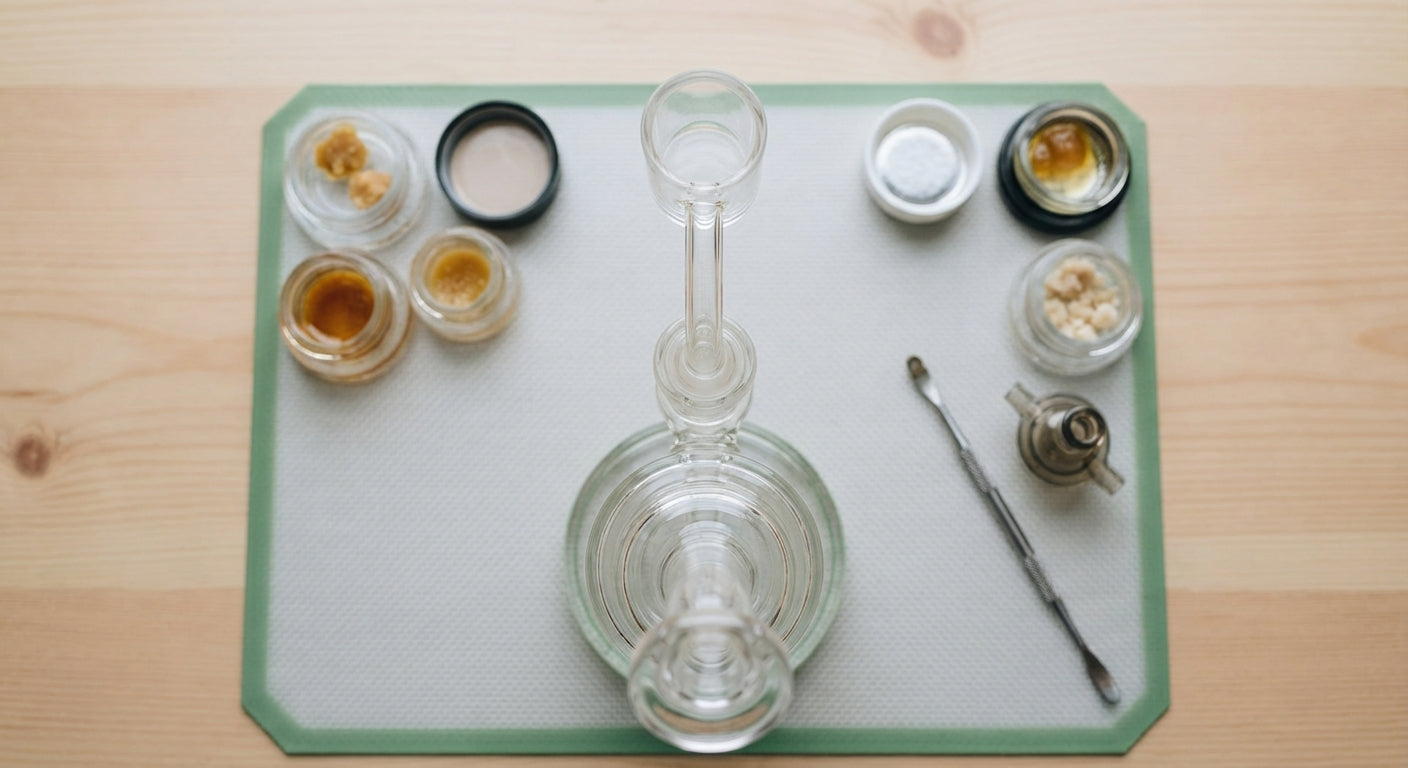 Overhead shot of a clean quartz banger on a dab rig with multiple concentrate types arranged nearby on a silicone dab...