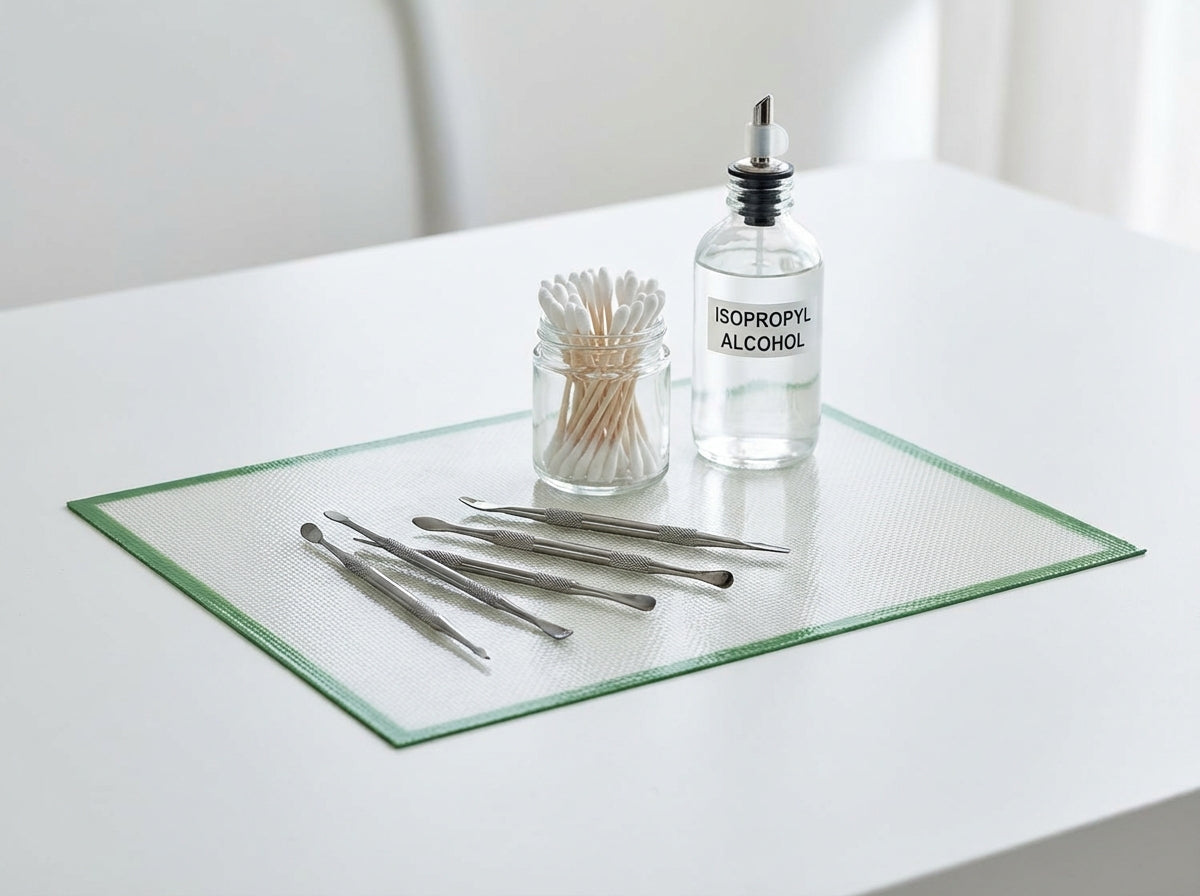 Close-up of a clean dab station with silicone dab mat, dab tools, Q-tips, and alcohol