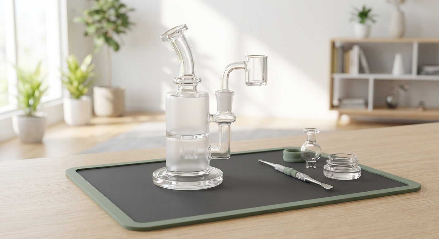A high-quality borosilicate glass dab rig sitting on a silicone dab mat with concentrate tools arranged neatly beside it