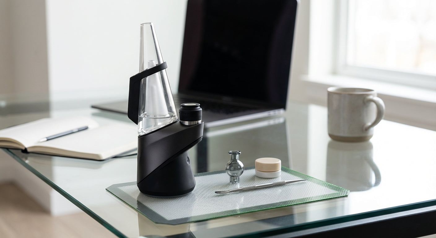 Puffco-style e-rig on a desk with glass top