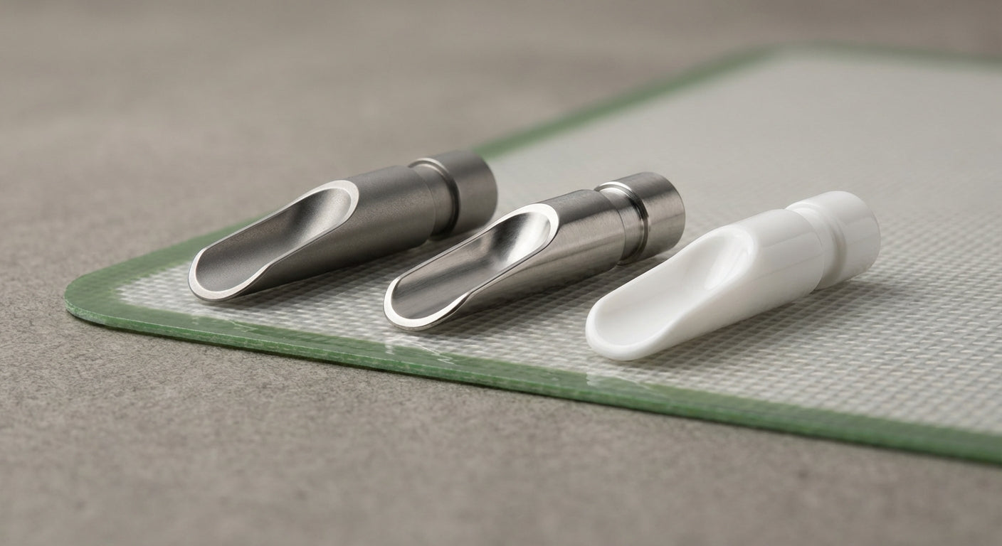 Close-up photo of titanium, stainless, and ceramic dab tool tips side-by-side
