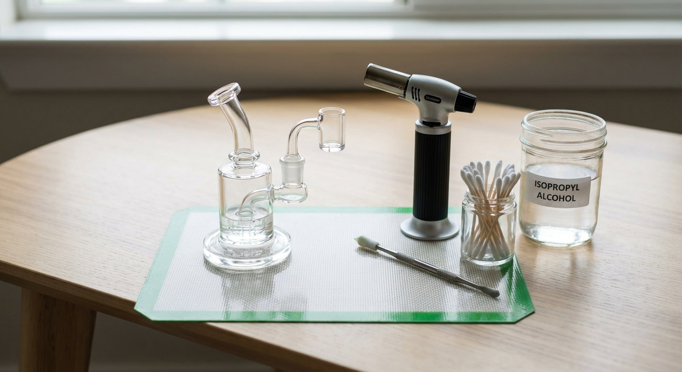 A clean beginner-friendly dab station with a small rig, torch, dab pad, and tools neatly laid out