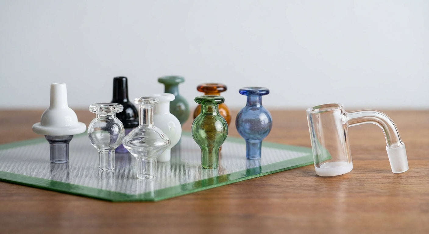 Close-up of several carb caps on a silicone dab mat next to a quartz banger