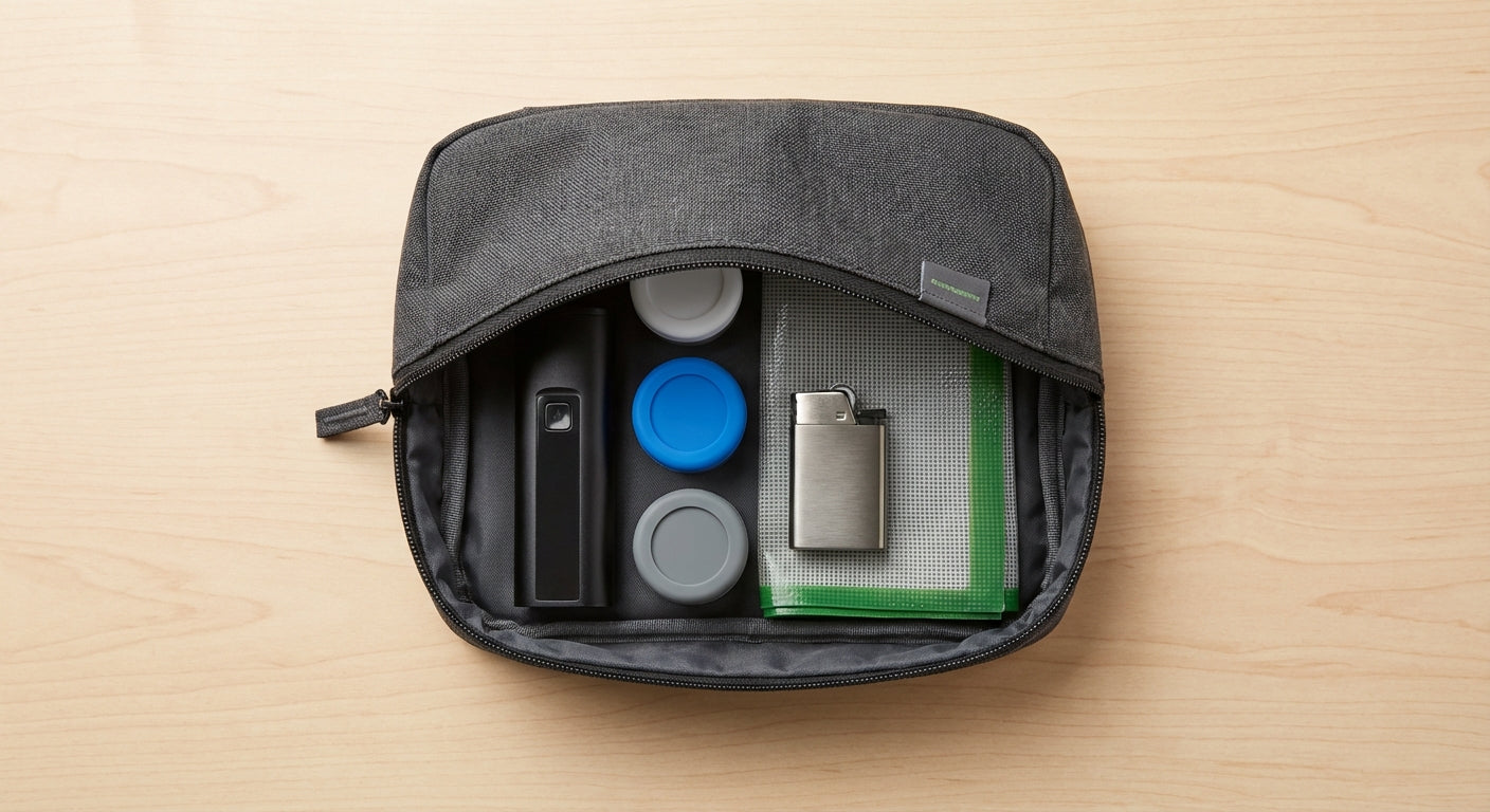 Overhead shot of a neatly organized travel kit in a smell-proof pouch with small vaporizer, silicone jars, lighter, a...