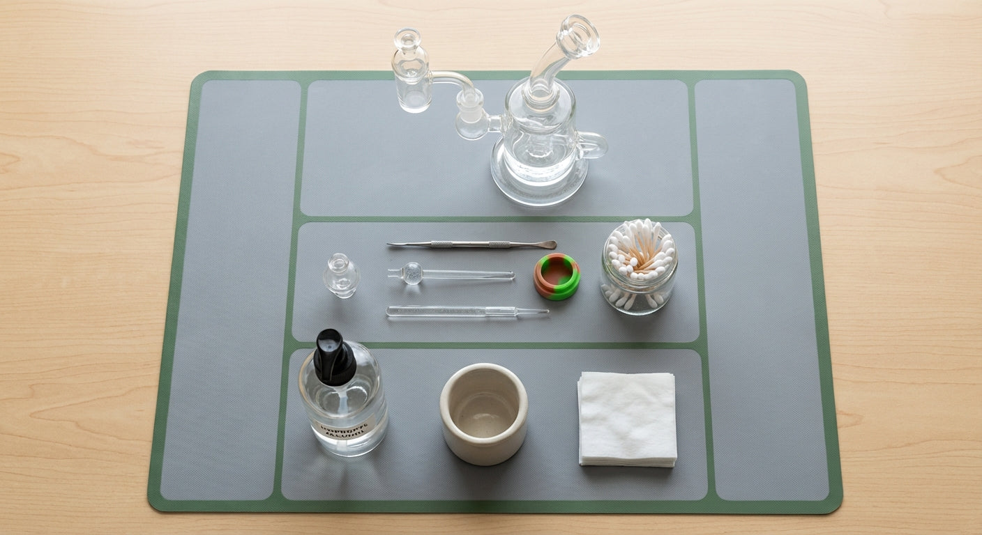 Overhead shot of a clean, organized dab station on a silicone dab mat, with labeled zones for rig, tools, and cleanin...