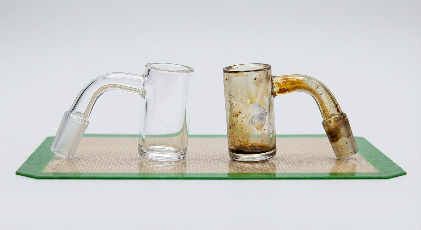 Close-up of a clean clear quartz banger beside a heavily chazzed, cloudy banger on a dab pad