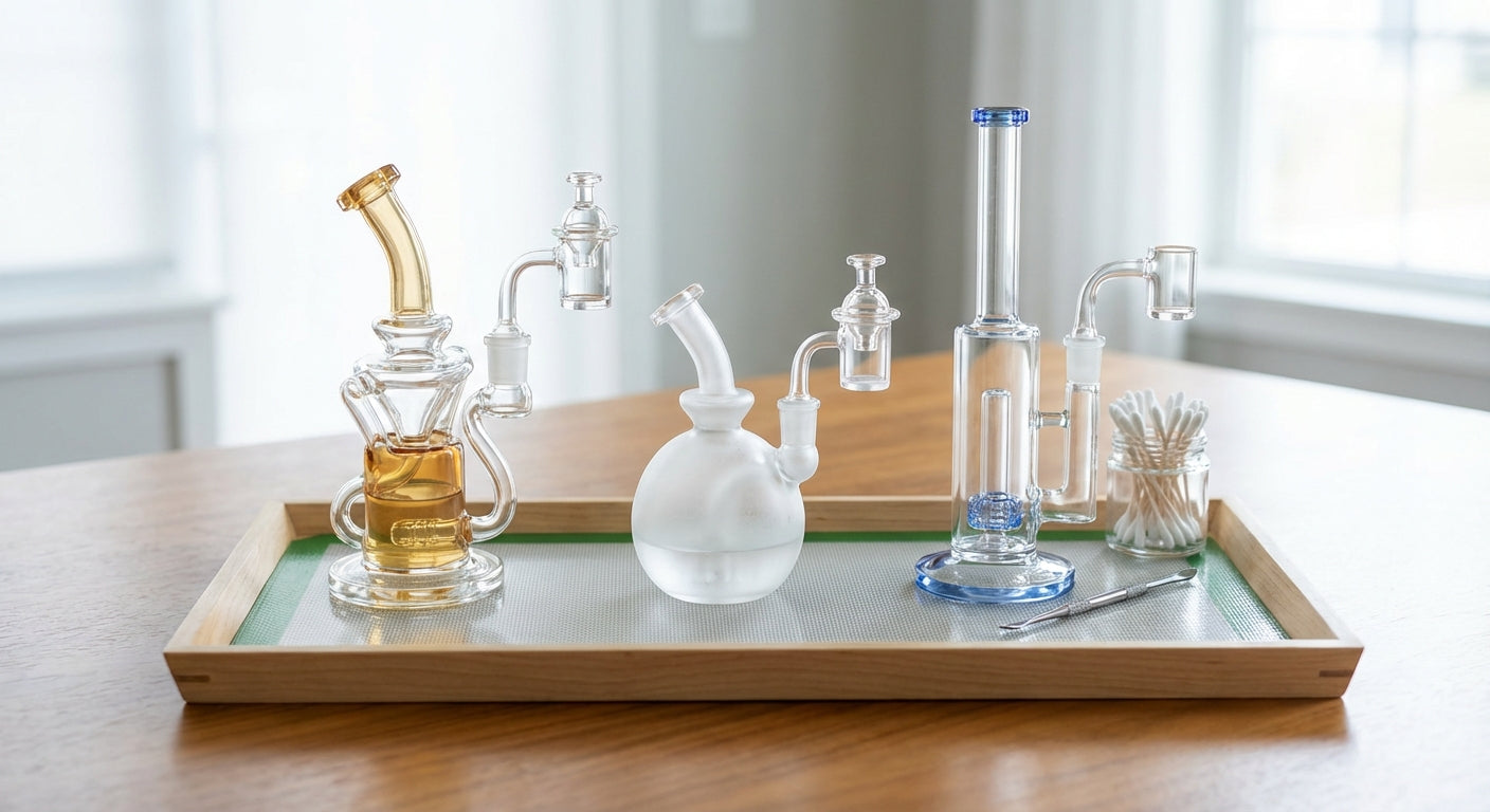 Small lineup of flavor-focused rigs (mini recycler, micro fab egg, straight tube) on a clean dab tray