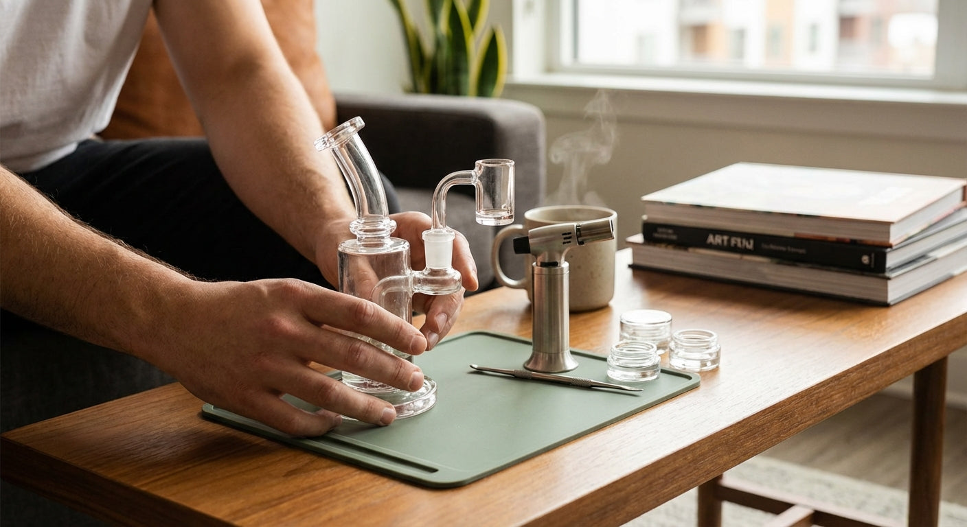 Person setting up a small dab rig and torch on a silicone dab mat