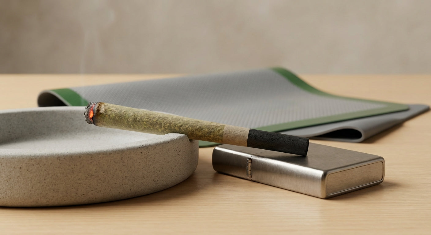 Close-up of a joint with an activated-carbon tip glowing at the end, ashtray and lighter in background