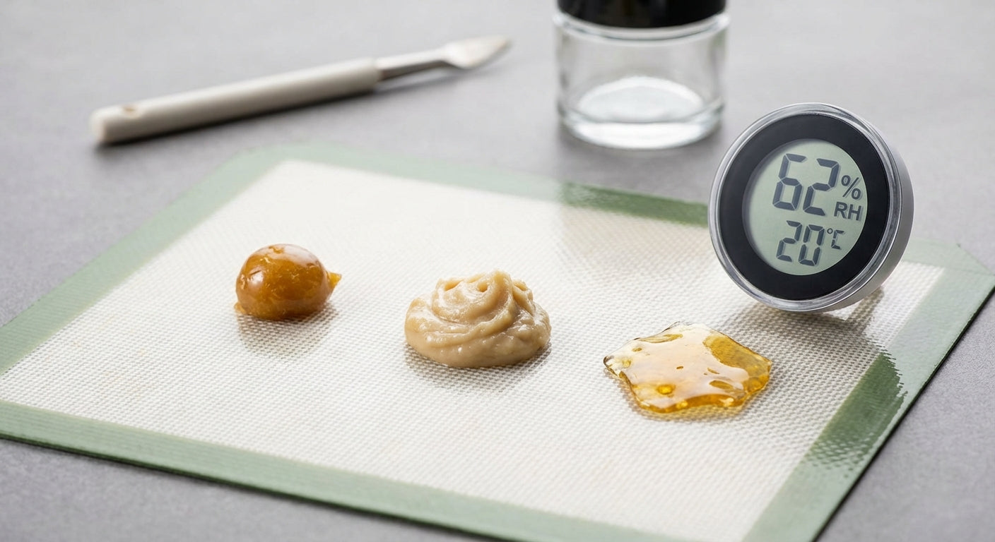 Close-up of different concentrate textures (rosin, badder, shatter) with a small hygrometer reading nearby