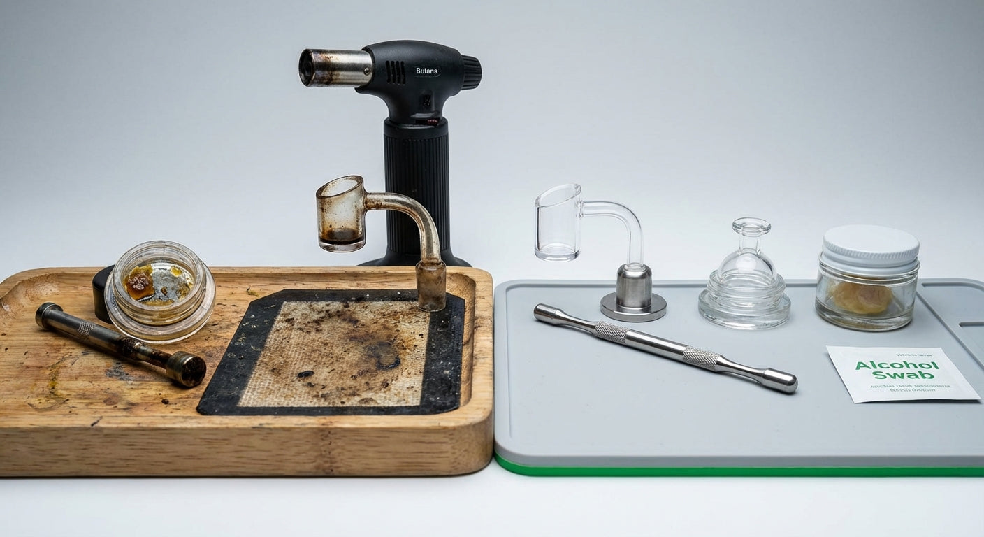 Close-up of a cluttered dab station with dirty tools next to a clean, organized dab pad setup