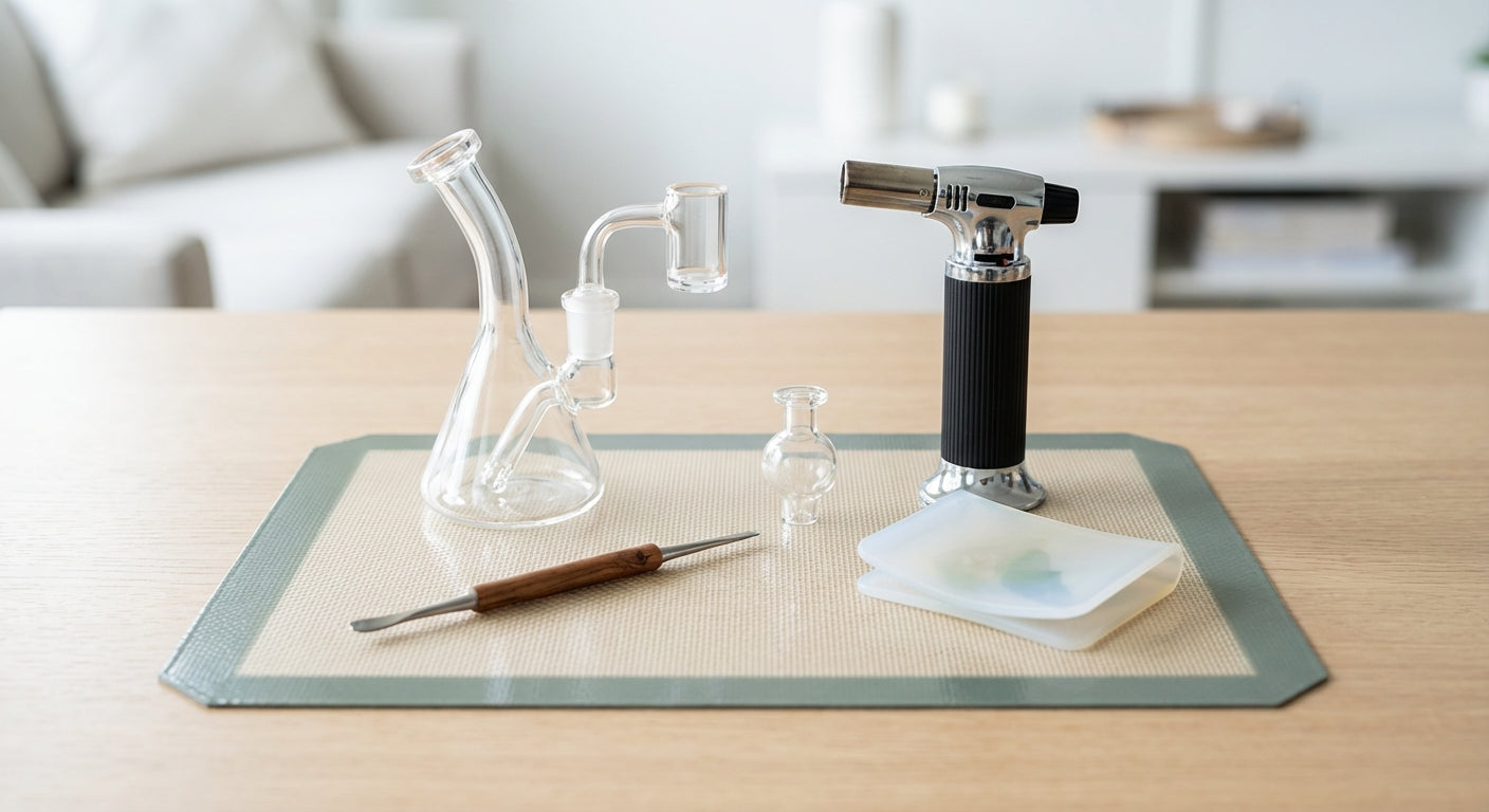 Simple beginner dab setup on a silicone dab mat: small rig, torch, carb cap, dab tool, and Oil Slick Pad