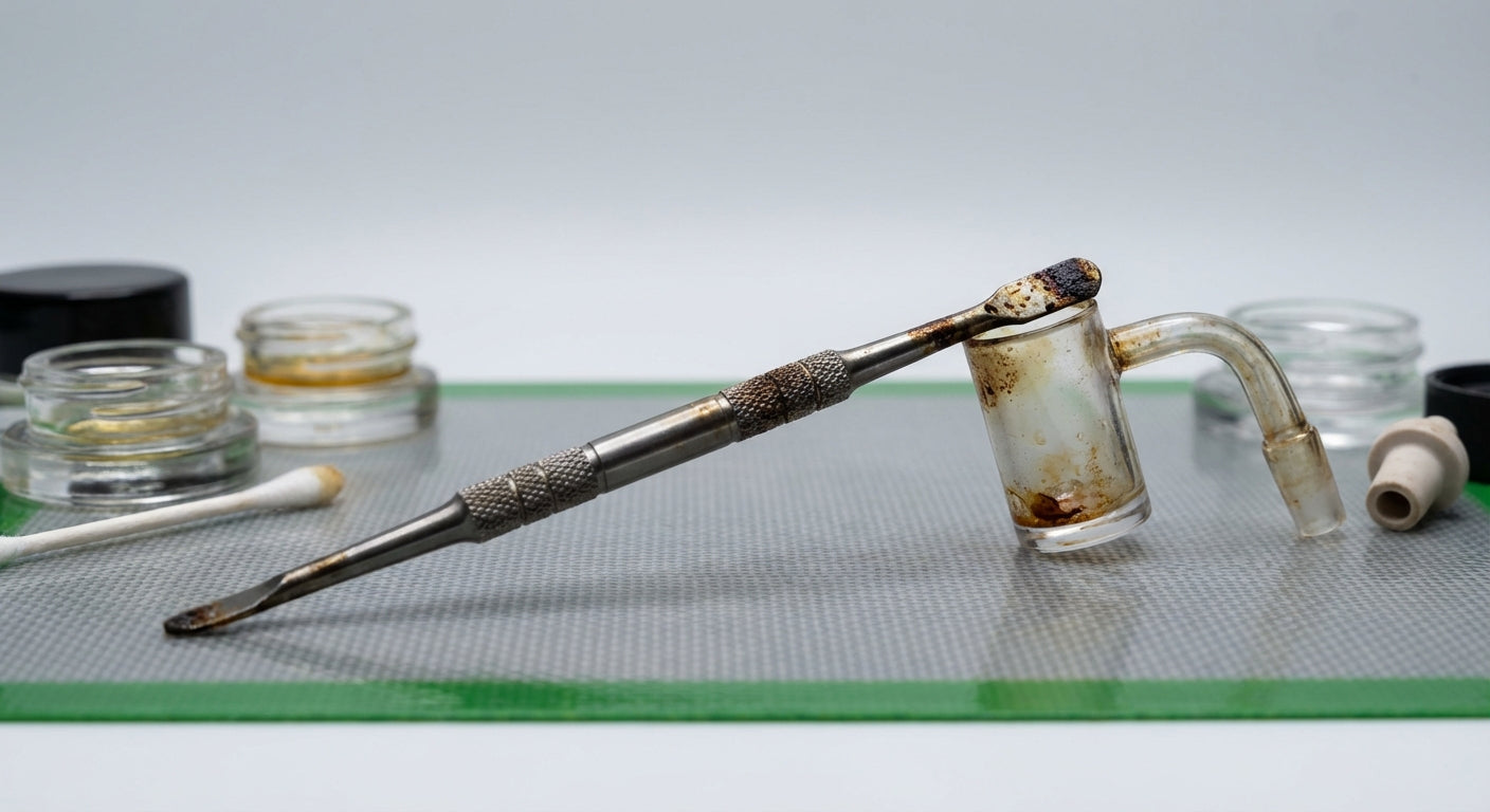 Close-up of a dirty dab tool and banger on a cluttered silicone dab mat