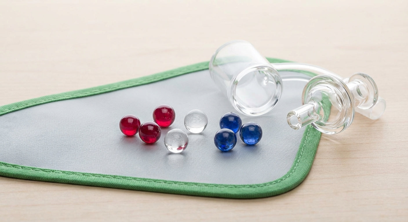 Close-up of ruby, quartz, and sapphire terp pearls next to a quartz banger and carb cap
