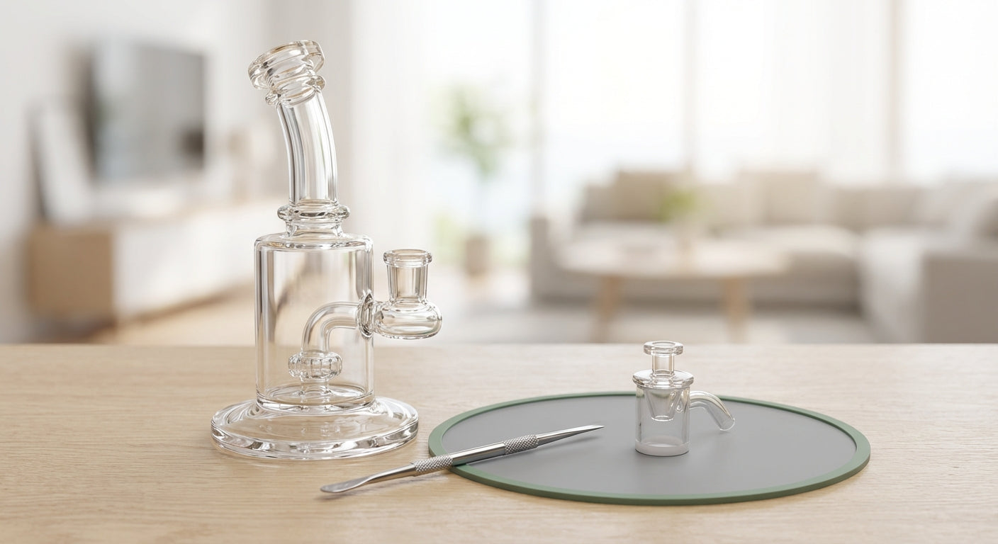 A compact 6-inch glass dab rig with a stable base, 14mm joint, and simple inline perc