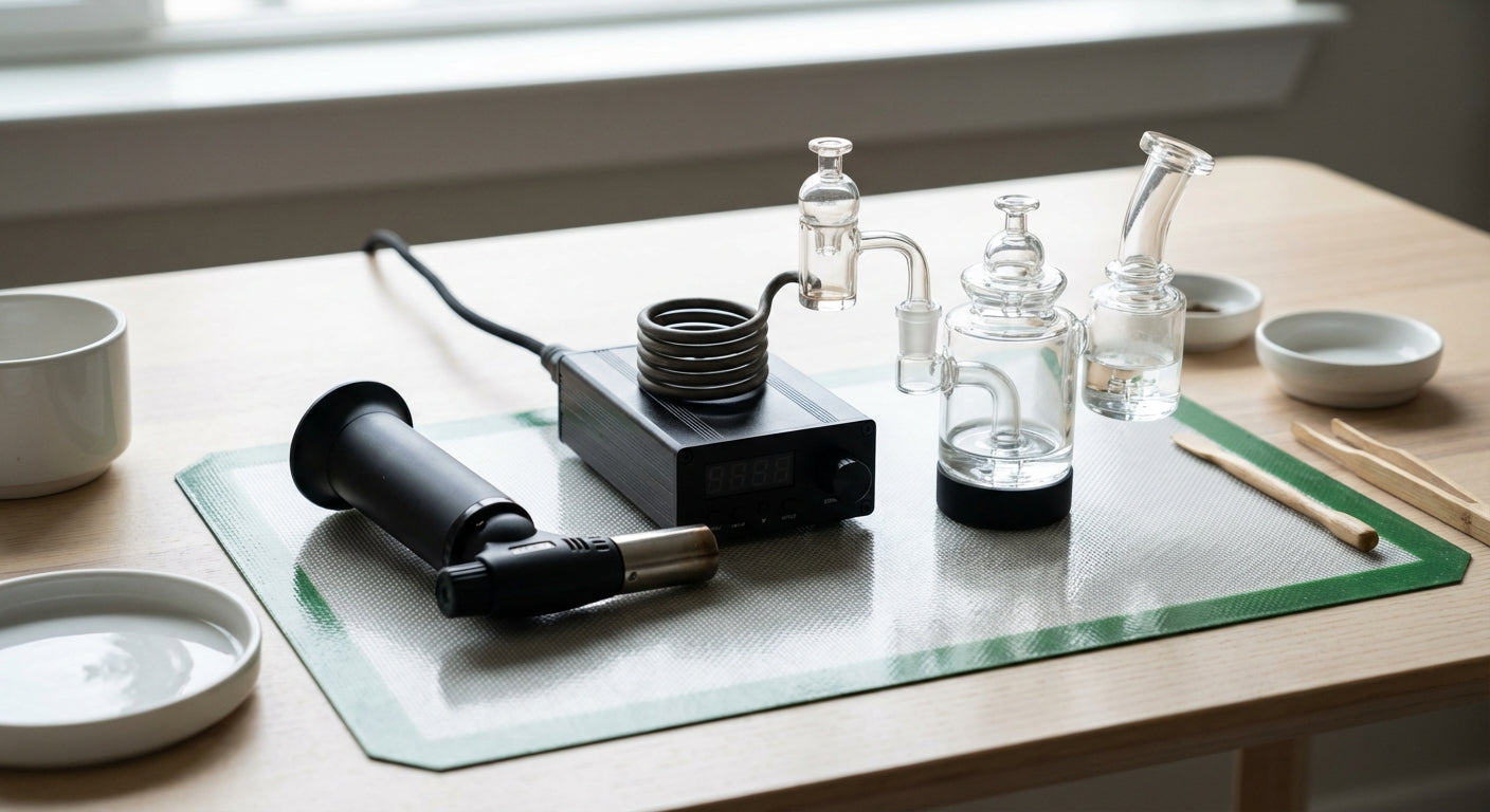 Torch, e-nail, and e-rig laid out on a silicone dab mat with a quartz banger and carb cap