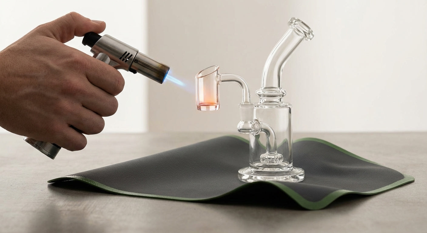 Close-up of a torch heating a quartz banger on a glass dab rig, with a silicone mat underneath