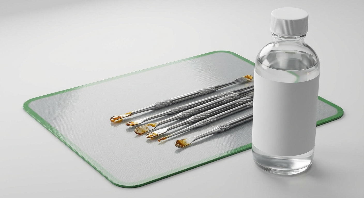 Close-up of dirty dab tools on a silicone dab mat next to a bottle of isopropyl alcohol