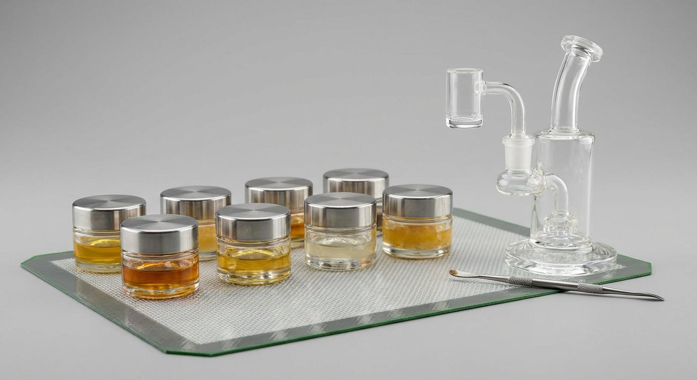 Close-up of neatly organized concentrates in small jars on a silicone dab mat with a rig nearby
