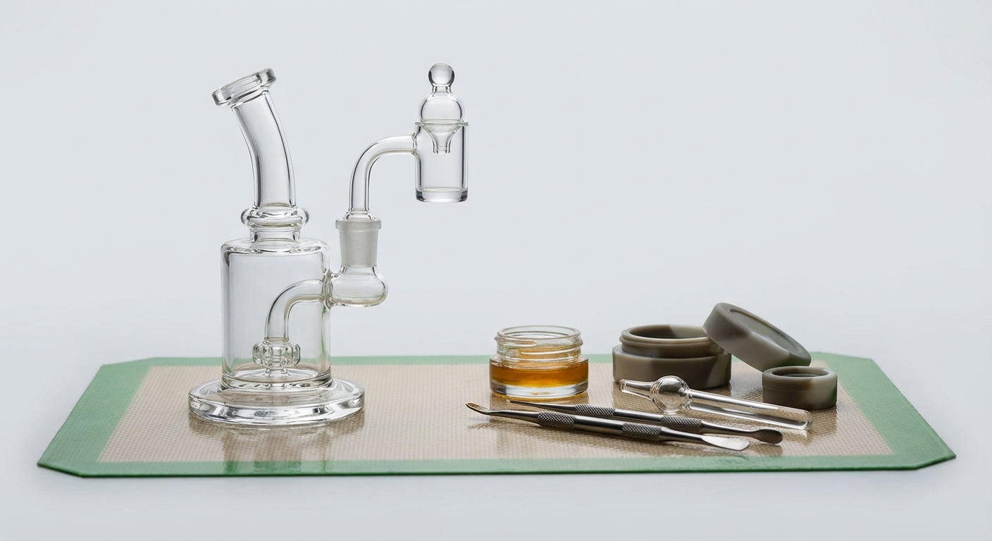 Close-up of a small dab rig on a silicone dab pad with tools and concentrates laid out neatly