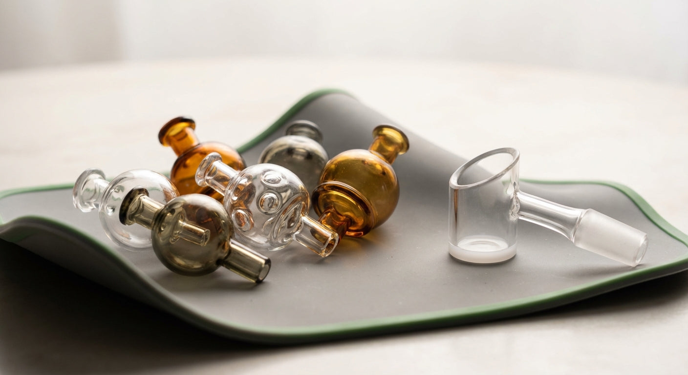 Close-up of different carb caps on a clean dab pad next to a quartz banger