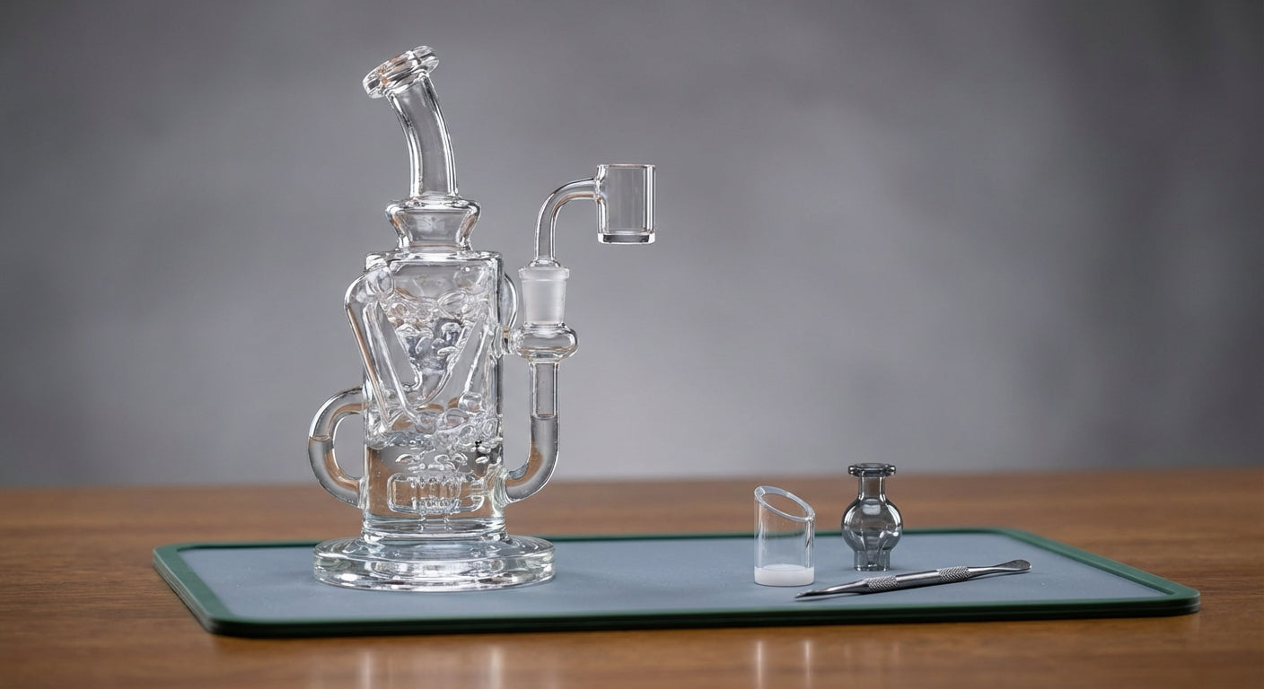 Close-up shot of a modern recycler dab rig bubbling in slow motion