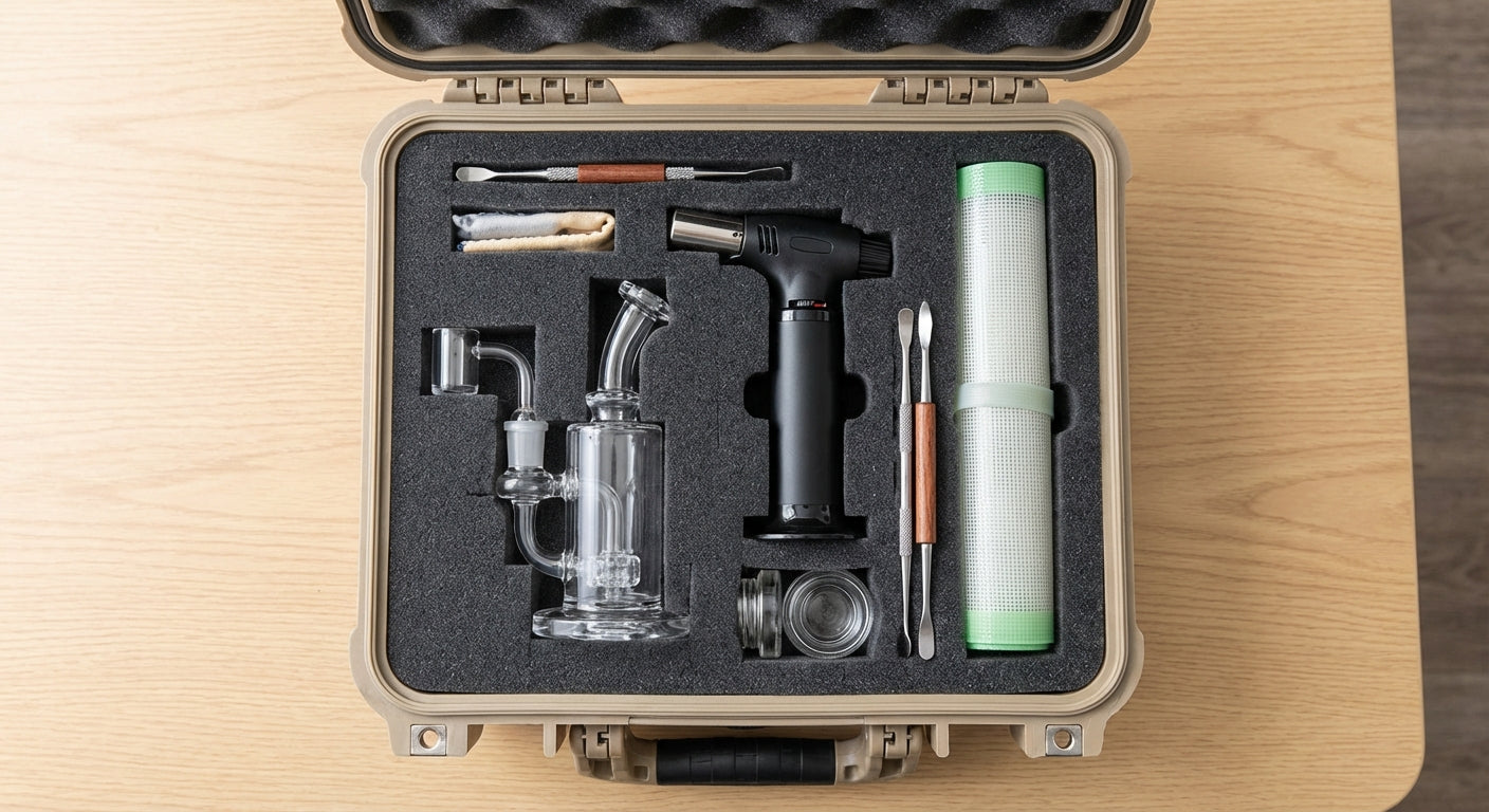 Flat lay of a packed dab travel case with rig, torch, dab pad, and tools organized neatly